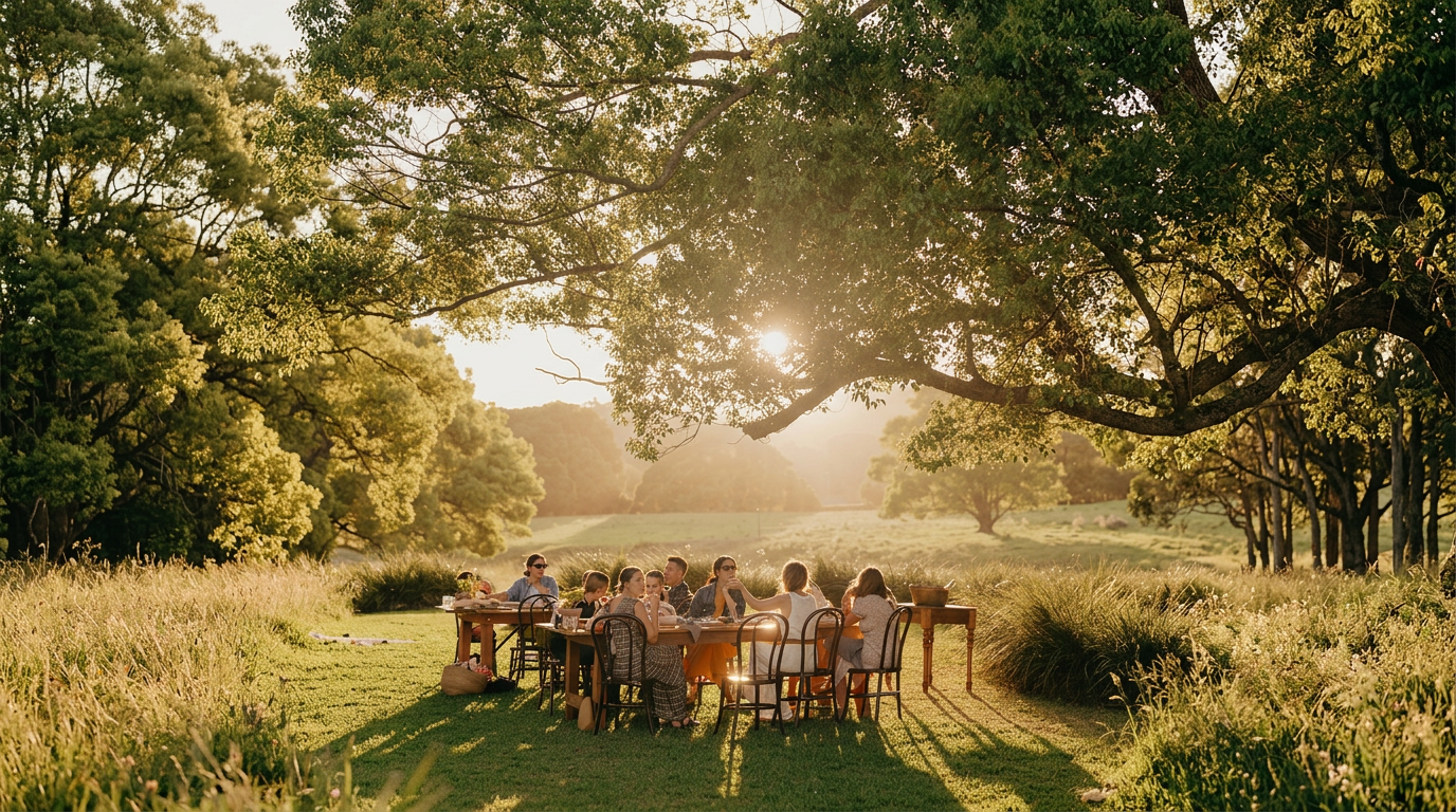 A long outdoor dinner party beneath sweeping trees in a golden meadow at sunset
